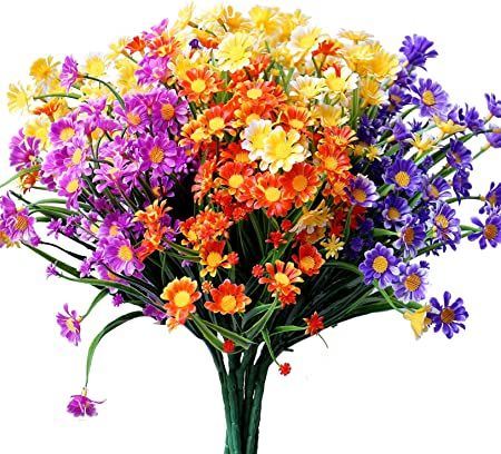 Photo 1 of Gormiya 8 Bundles Artificial Daisy Mums Flowers Outdoor UV Resistant Plastic Fake Daisy Sunflowers Plants for Home Backyard Window Box Porch Garden Decoration, Colored