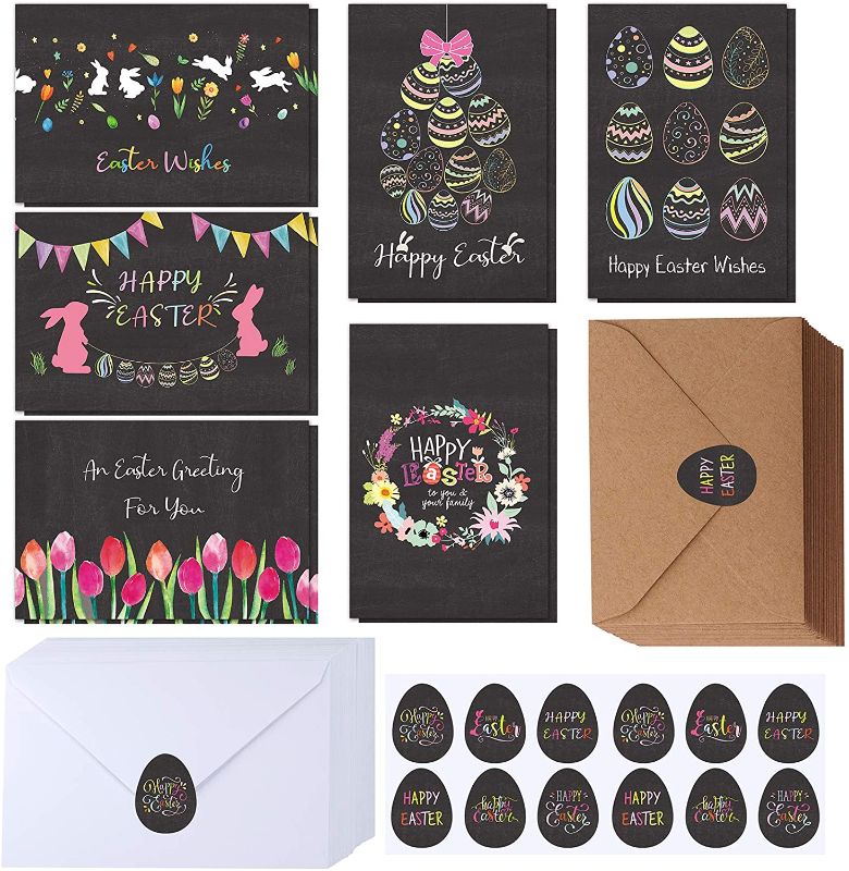 Photo 1 of 120 Sets Easter Cards with Envelopes Stickers Assortment Bulk 6 Designs of Blank Vintage Bunny Egg Tulip Chalkboard Happy Easter Cards Holiday Greeting Cards 4 x 6 for Easter Spring Festival
