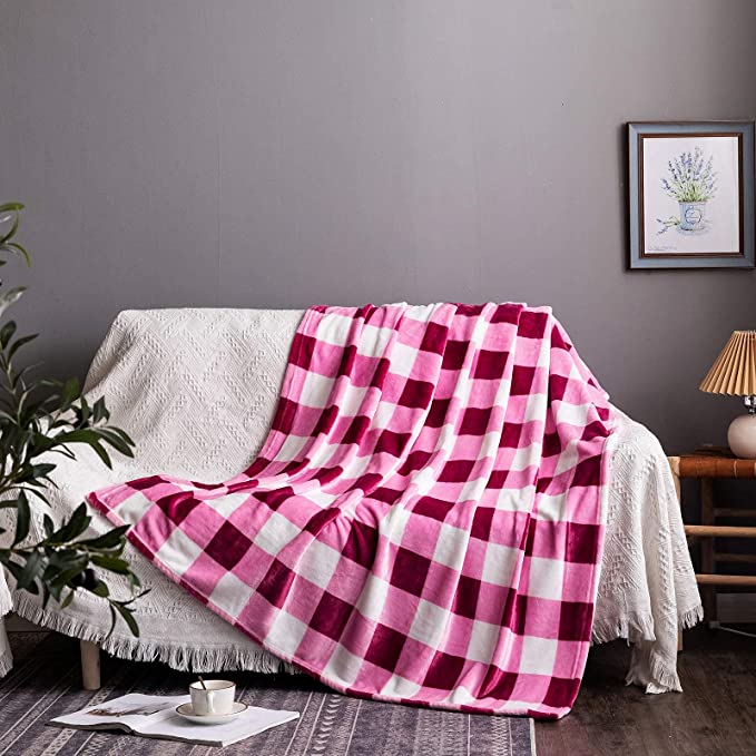 Photo 1 of 2  NEWCOSPLAY Buffalo Plaid Throw Blanket Soft Flannel Fleece Checker Pattern Lightweight Decorative Blanket for Bed Couch (280GSM-White-Pink, Twin(60"x80"))
