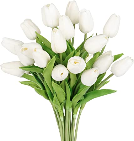 Photo 1 of 20 Pcs White Tulips Artificial Flowers Fake Tulip Stems Real Touch PU Tulips for Spring Wreath Wedding Bouquet Home Centerpiece Floral Arrangement Table Décor