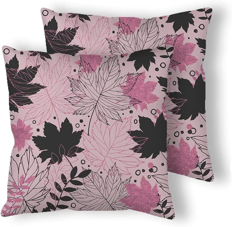 Photo 1 of 2 pack - Pack of 2 Maple Leaf Throw Pillow Covers Pink Black Fall Maple Leaves 18 x 18 Premium Velvet Decorative Cushion Cover Spring Fall Home Decor Hidden Zipper Closure Pillow Case Counch
