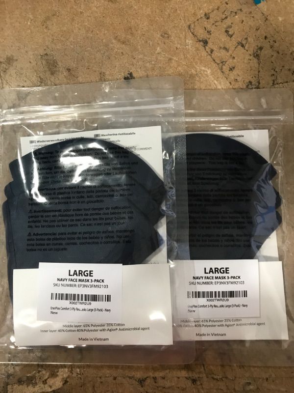 Photo 2 of EnerPlex EXTREME Comfort 3-Ply Navy Blue Face Mask Cloth - Breathable Comfort, Fully Machine Washable, Navy Blue Reusable Face Masks Large (3-Pack) - Navy**2 Pack**
