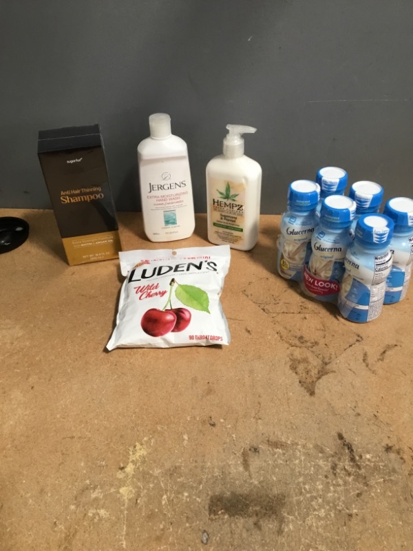 Photo 2 of ***NON-REFUNDABLE***
HEALTH AND BEAUTY BUNDLE
ANTI HAIR THINNING SHAMPOO, JERGENS HAND WASH, HEMPZ LOTION,LUDEN'S LOZENGE, GLUCERNA DRINK