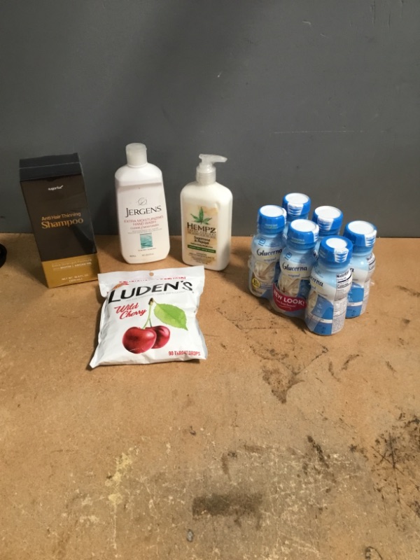 Photo 1 of ***NON-REFUNDABLE***
HEALTH AND BEAUTY BUNDLE
ANTI HAIR THINNING SHAMPOO, JERGENS HAND WASH, HEMPZ LOTION,LUDEN'S LOZENGE, GLUCERNA DRINK