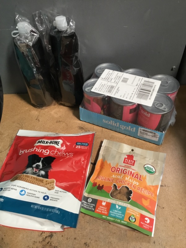 Photo 1 of ***NON-REFUNDABLE***
PET BUNDLE CUBE FOR PET TUNNLE, MILK BONE TRATS, CARRY TOTE, PLATO PET TREATS, 2 WATER BOTTLES, SOILD GOLD WET DOG FOOD