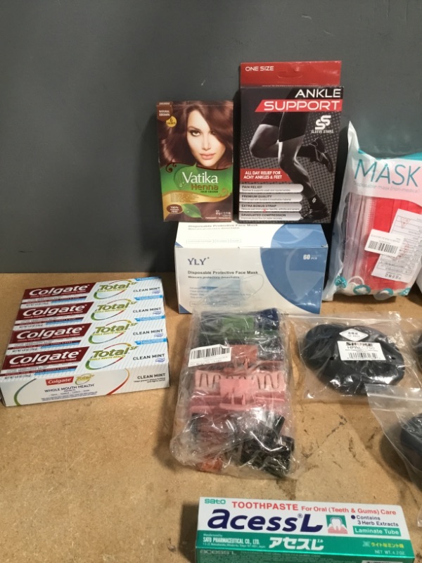 Photo 4 of ***NON-REFUNDABLE***
HEATH AND BEAUTY BUNLE
5 PACK OF FACE MASKS, 4 COLGATE TOOTHPASTE,  ACESSL TOOTHPASTE, 7 HAIR CLIPS, 3 PACKS OF EAR CUSHIONS, ANKLE SUPPORT, VATIKA HENNA HAIR COLOR