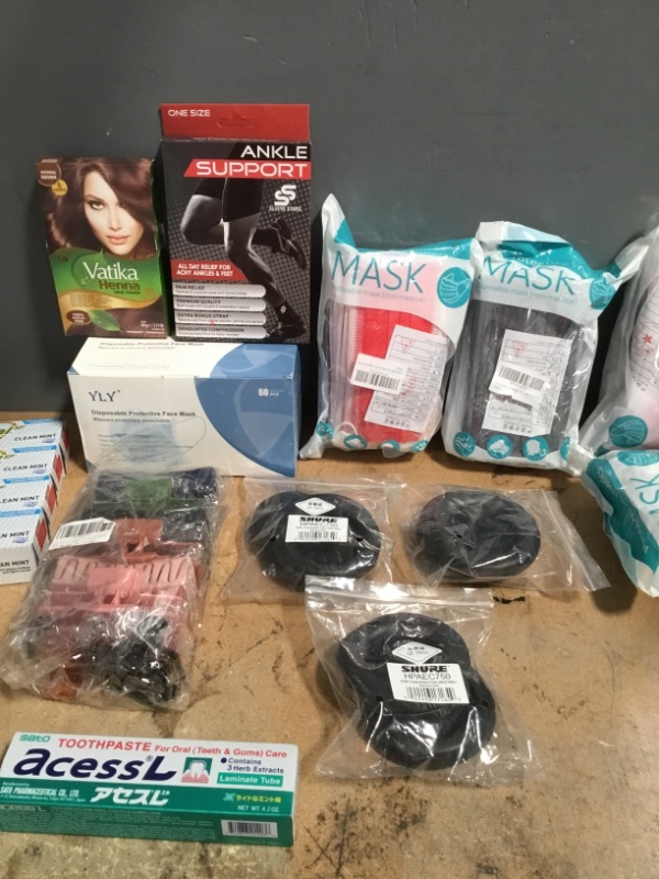 Photo 1 of ***NON-REFUNDABLE***
HEATH AND BEAUTY BUNLE
5 PACK OF FACE MASKS, 4 COLGATE TOOTHPASTE,  ACESSL TOOTHPASTE, 7 HAIR CLIPS, 3 PACKS OF EAR CUSHIONS, ANKLE SUPPORT, VATIKA HENNA HAIR COLOR