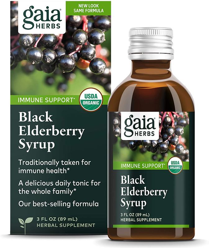 Photo 1 of ***NON-REFUNDABLE**
 BEST BY 
8/26/22
Gaia Herbs, Black Elderberry Syrup, Daily Immune Support with Antioxidants, Organic Sambucus Elderberry Supplement, 3 Ounce
