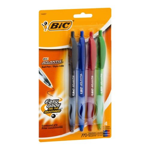 Photo 1 of 6 CT BIC Atlantis Retractable Ballpoint Pens, Medium Point, 1.0 Mm, Clear Barrel, Assorted Ink Colors, Pack of 4
