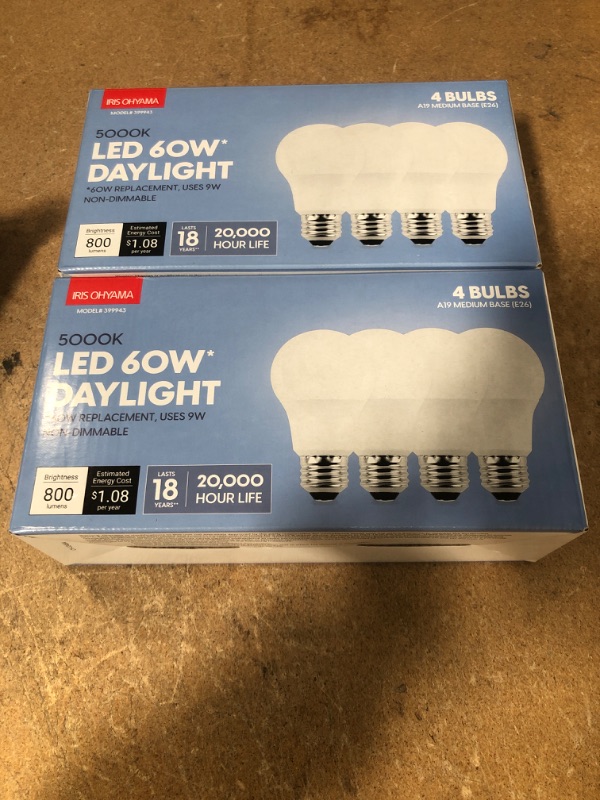 Photo 2 of ** SETS OF 2**
IRIS OHYAMA Non-Dimmable A19 LED Light Bulb with 20,000 Hours (18 Years) Life Span, 5000K 9W (60W Equivalent), Daylight, 4 Pack
