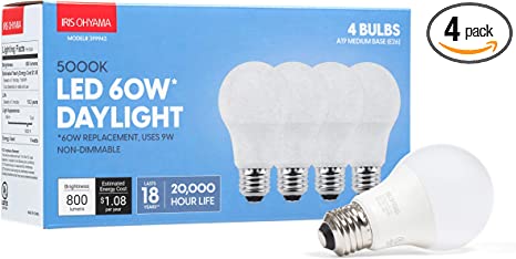 Photo 1 of ** SETS OF 2**
IRIS OHYAMA Non-Dimmable A19 LED Light Bulb with 20,000 Hours (18 Years) Life Span, 5000K 9W (60W Equivalent), Daylight, 4 Pack
