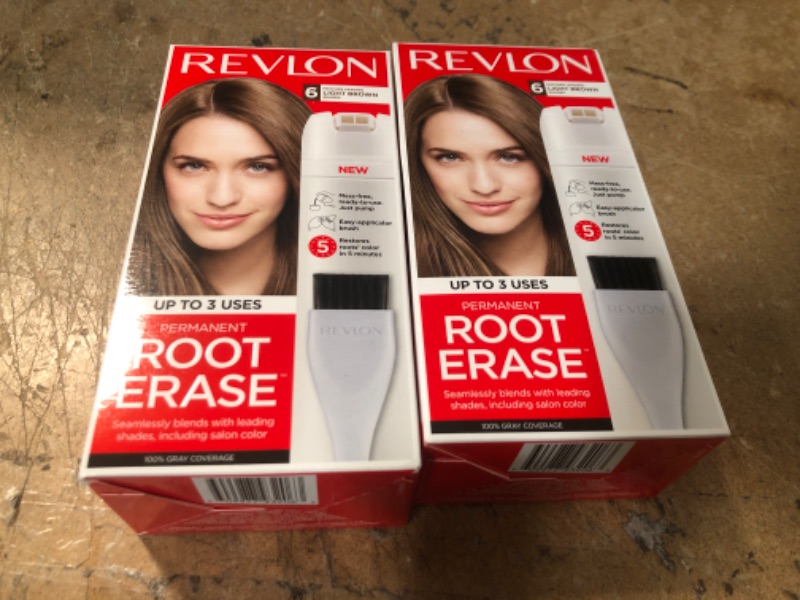 Photo 2 of ** NON-REFUNDABLE **   ** SOLD AS IS **   ** SETS OF 2**
Permanent Hair Color by Revlon, Permanent Hair Dye, At-Home Root Erase with Applicator Brush for Multiple Use, 100% Gray Coverage, Light Brown (6), 3.2 Fl Oz
Color: 6 Light Brown

