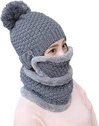 Photo 1 of 2 Womens Pom Beanie Hat with Scarf and Mask Cover Set, Girls Warm Knitted Winter Beanie for with Fleece Lined LIGHT PURPLE
