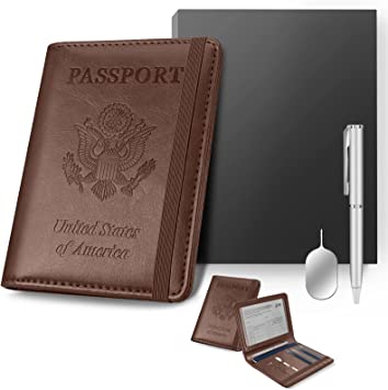 Photo 1 of 5 PACK: Wotec Passport Holder with CDC Vaccination Card Protector Slot, RFID Blocking, 4 Card Slot with Pen and SIM Card Tray Pin, Brown
