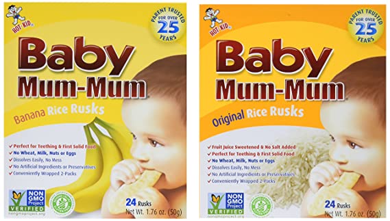 Photo 1 of ** EXP: JAN 10 2023 **   ** NON-REFUNDABLE **    ** SOLD AS IS **
Baby Mum-Mum Rice Rusks, 2 Flavor Variety Pack, 24 Pieces (Pack of 4) 2 Each: Banana, Original Gluten Free, Allergen Free, Non-GMO, Rice Teether Cookie for Teething Infants

