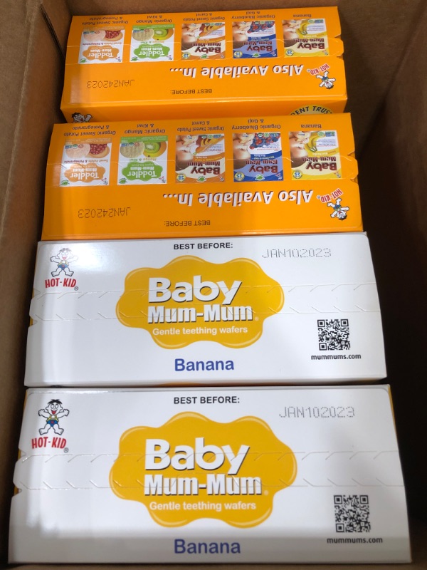 Photo 2 of ** EXP: JAN 10 2023 **   ** NON-REFUNDABLE **    ** SOLD AS IS **
Baby Mum-Mum Rice Rusks, 2 Flavor Variety Pack, 24 Pieces (Pack of 4) 2 Each: Banana, Original Gluten Free, Allergen Free, Non-GMO, Rice Teether Cookie for Teething Infants
