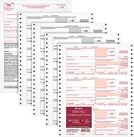 Photo 1 of ** SETS OF 2 **
Adams 1099 NEC 3 Up 2021 Continuous Forms, 4 Part Carbonless Forms, for Pin Fed Dot Matrix Printers, with 3 1096, 20 Pack (TXA2299-NEC21)
