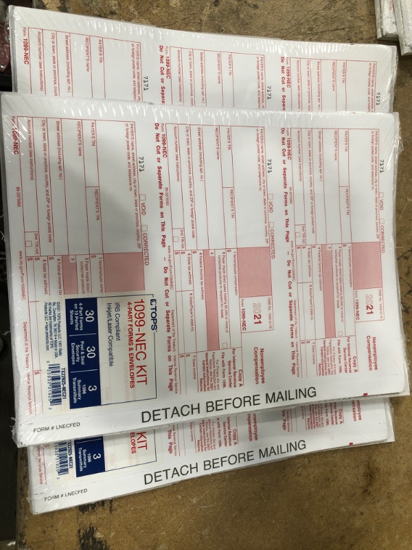 Photo 2 of ** SETS OF 3 **
Adams 1099 NEC 3 Up 2021 Continuous Forms, 4 Part Carbonless Forms, for Pin Fed Dot Matrix Printers, with 3 1096, 20 Pack (TXA2299-NEC21)
