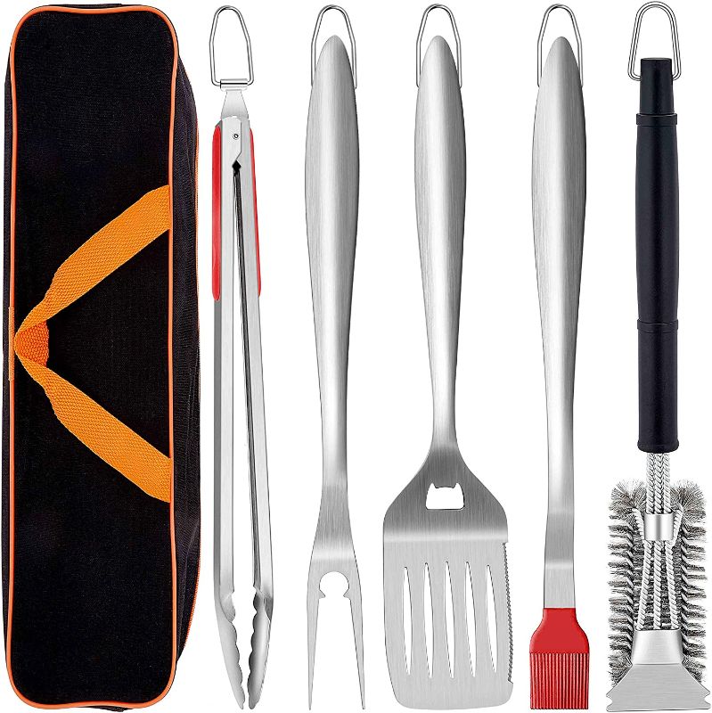 Photo 1 of 18-inch Extra-Long Grill Tools Set of 6, Leonyo BBQ Tool Set, Heavy-Duty Barbecue Grilling Accessories, Stainless Steel Spatula, Fork, Tong, Basting Brush, Cleaning Brush & Carrying Bag - Red Handle
