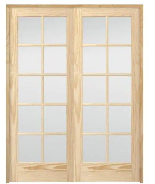 Photo 1 of (DAMAGED FRONT PANEL) Steves & Sons 60 in. x 80 in. 10-Lite French Unfinished Pine Solid Core Wood Double Prehung Interior Door with Bronze Hinges