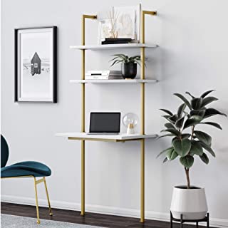 Photo 1 of (DAMAGED CORNER) Nathan James Theo 2-Shelf Industrial Wall Mount Ladder Small Computer or Writing Desk, White/Gold Brass