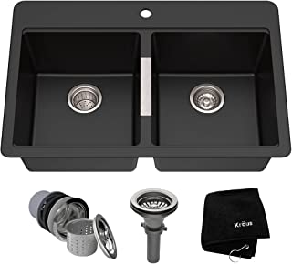 Photo 1 of (BROKEN OFF CORNER; CRACKED) Kraus Quarza Kitchen Sink, 33-Inch Equal Bowls, Black Onyx Granite, KGD-433B model