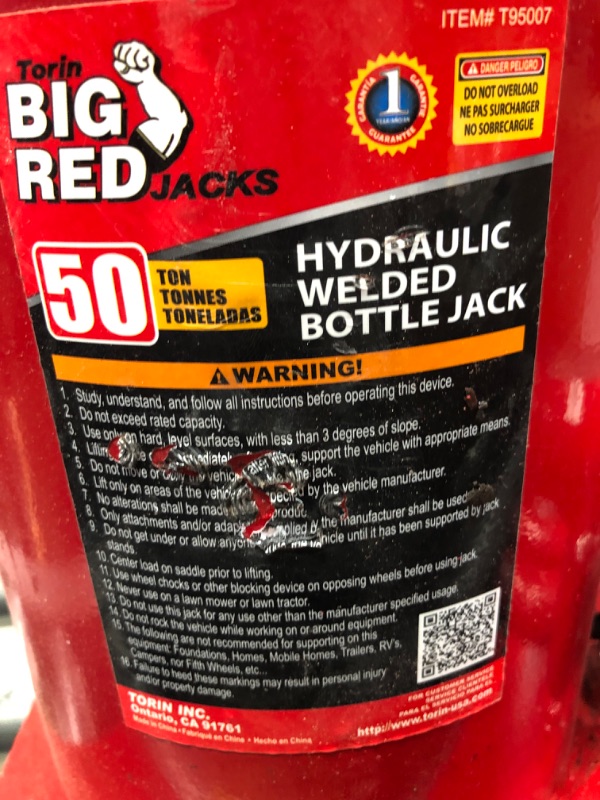 Photo 3 of **NOT FUNCTIONAL**Torin Big Red 50 Ton Capacity Heavy Duty Hydraulic Industrial Steel Bottle Jack
