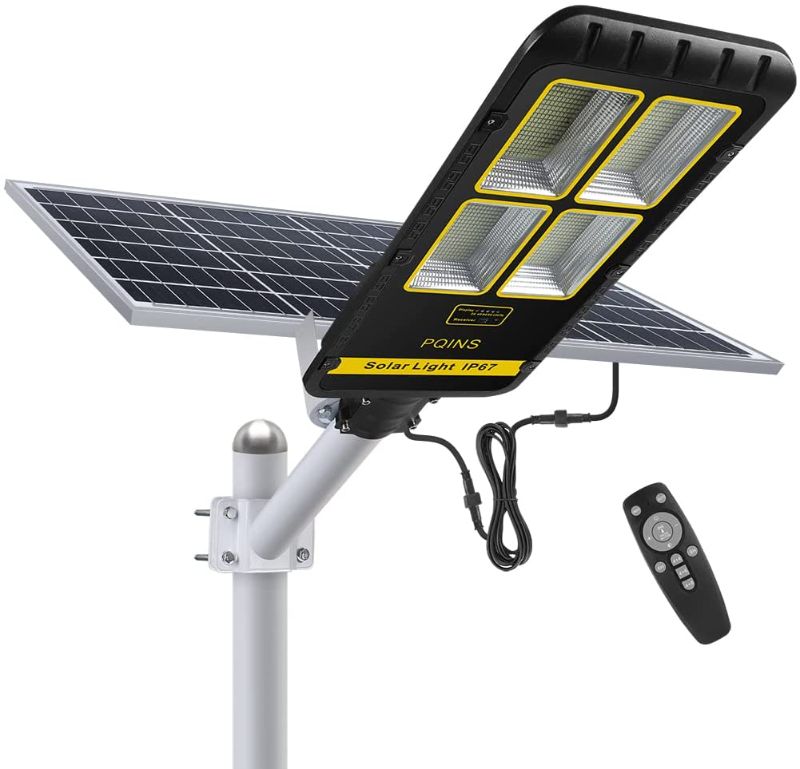 Photo 1 of Large Solar Street Lights Outdoor, Motion Sensor Dusk to Dawn IP67 Waterproof Led Solar Powered Flood Lights with Remote Control 16.4FT Cord for Parking Lot Yard
