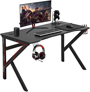 Photo 1 of Gaming Desk Computer Desk Home Office Desk Extra Large Modern Ergonomic Black PC Carbon Fiber Writing Desk Table with Cup Holder Headphone Hook
