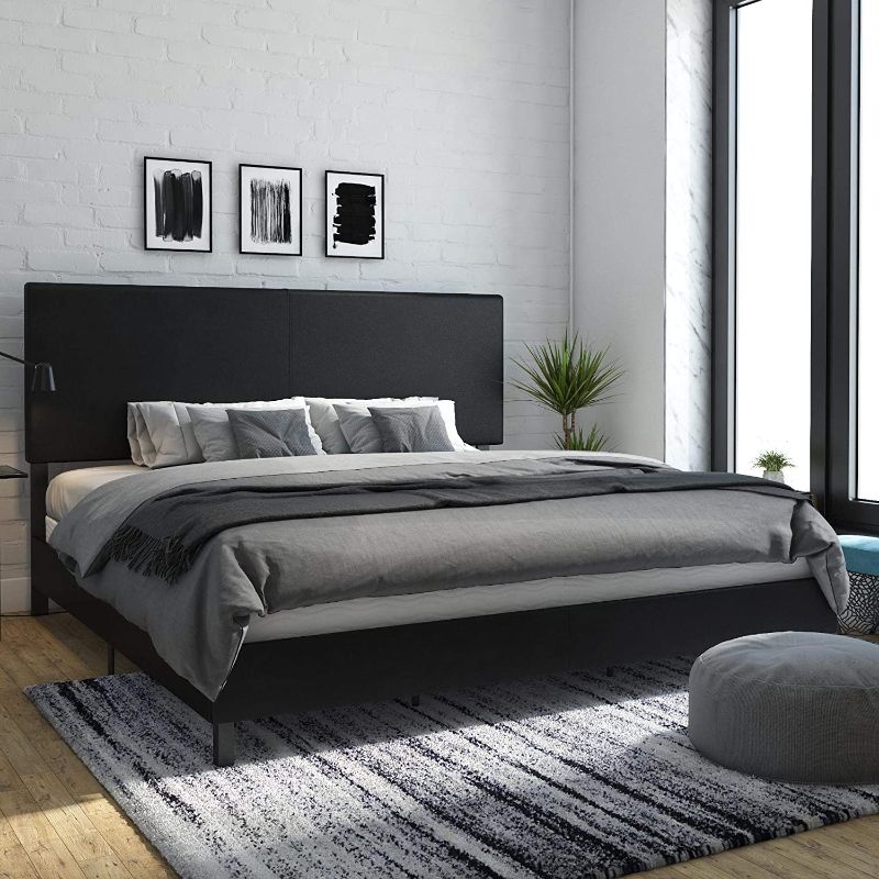 Photo 1 of **DAMAGED** DHP Janford Upholstered Platform Bed with Modern Vertical Stitching on Rectangular Headboard, King, Black Faux Leather
