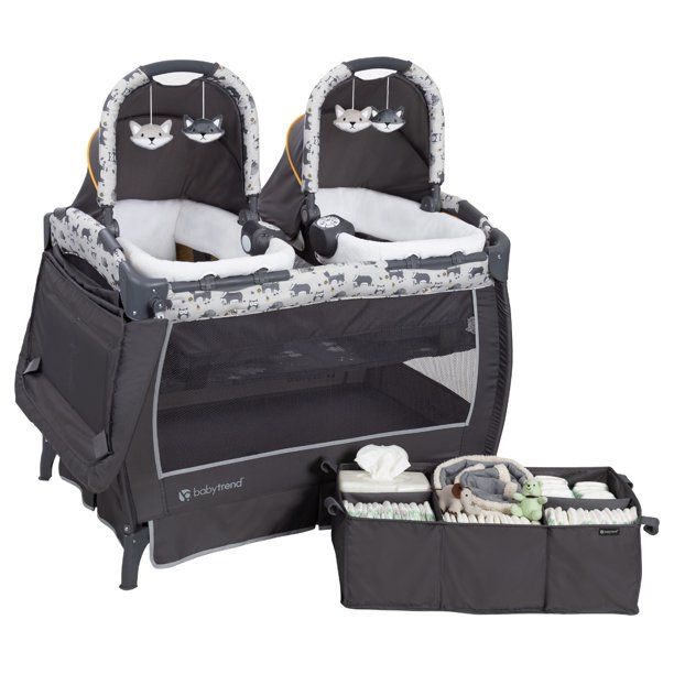 Photo 1 of Baby Trend Twins Nursery Center Playard with Bassinet and Travel Bag - Goodnight Forest Gray - Gray

