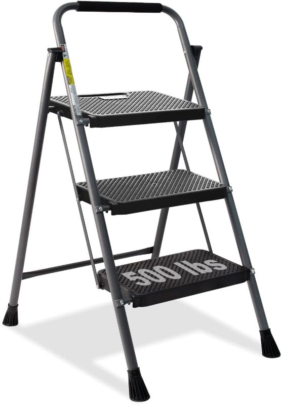 Photo 1 of 3 Step Ladder, GOLYTON Folding Step Stool with Anti-Slip Wide Pedal & Convenient Handgrip, 500lbs Capacity Steel Ladder for Household and Office, Gray
