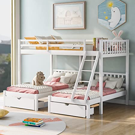 Photo 1 of *INCOMPLETE* 3 Split Beds, Twin/Single Bunk Bed with Angled Ladder, Triple Wood Frame with 2 Storage Drawers and Full Length Rails for Kids, Teens, Adults (White) BOX 3 OF 3 
