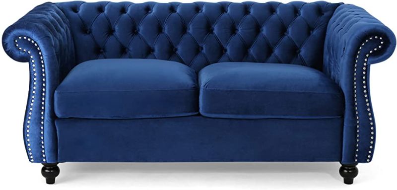 Photo 1 of **INCOMPLETE BOX 1 OF 2**Christopher Knight Home Karen Traditional Chesterfield Loveseat Sofa, Navy Blue and Dark Brown, 61.75 x 33.75 x 27.75, 306027
