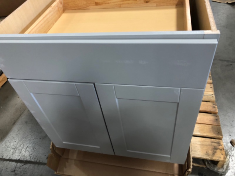 Photo 4 of (CRACKED BACK FRAME) Hampton Bay Shaker Dove Gray Stock Assembled Base Kitchen Cabinet with Ball-Bearing Drawer Glides (30 in. x 34.5 in. x 24 in.)