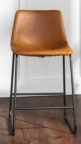 Photo 1 of (MISSING ONE CHAIR; TORN MATERIAL) Walker Edison Wasatch 24 in. Whiskey Brown Low Back Metal Frame Counter Height Bar Stool with Faux Leather Seat