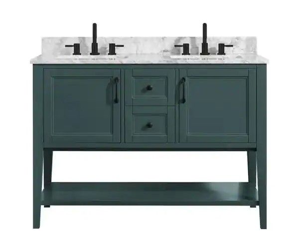 Photo 1 of (FAUCET SET NOT INCLUDED) Home Decorators Collection Sherway 49 in. W x 22 in. D Bath Vanity in Antigua Green with Marble Vanity Top in Carrara White with White Basins