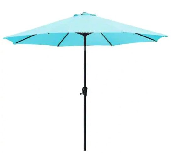 Photo 1 of  OVASTLKUY11 ft. Market Outdoor Patio Umbrella with Push Button Tilt and Crank in Blue