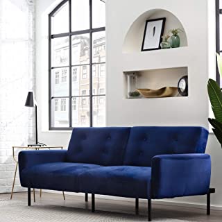 Photo 1 of (STAINED) Edenbrook Gilman Convertible Folding Futon Modern Square Arm Design-Compact Couch Bed–Fabric, Faux Leather, Deluxe, Navy Blue Velvet
