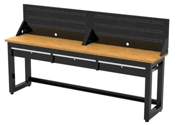 Photo 1 of (CRACKED/DAMAGED TABLE EDGE) Husky 8 ft. Solid Wood Top Workbench in Black with Pegboard and 3 Drawers