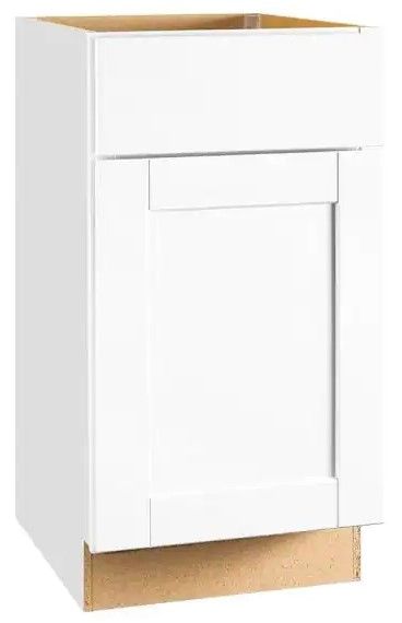 Photo 1 of (DENTED SIDE) Hampton Bay Shaker Satin White Stock Assembled Base Kitchen Cabinet with Ball-Bearing Drawer Glides (18 in. x 34.5 in. x 24 in.)