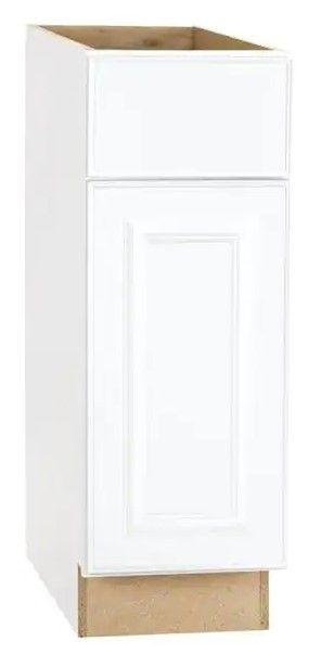 Photo 1 of (CRACKED BASE CORNERS; SCRATCHED) Hampton Bay Hampton Satin White Raised Panel Stock Assembled Base Kitchen Cabinet with Drawer Glides (12 in. x 34.5 in. x 24 in.)