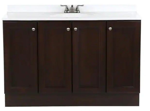 Photo 1 of (CRACKED BACK; COSMETIC DAMAGES) Glacier Bay Vanity Pro All-In-One 48.5 in. W Vanity in Chestnut with Cultured Marble Vanity Top in White with White Sink