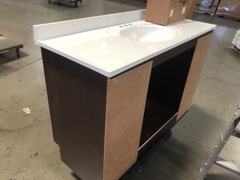 Photo 12 of (CRACKED BACK; COSMETIC DAMAGES) Glacier Bay Vanity Pro All-In-One 48.5 in. W Vanity in Chestnut with Cultured Marble Vanity Top in White with White Sink