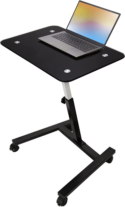 Photo 1 of Seville Classics Solid-Top Height Adjustable Mobile Laptop Computer Desk Cart Ergonomic Home Office Stand Rolling Table, Tempered Glass (24"), Black
