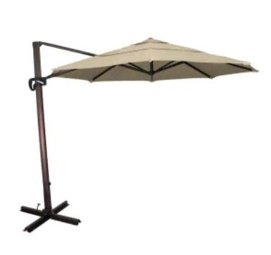 Photo 1 of 11 ft. Bronze Aluminum Cantilever Patio Umbrella with 360 Tilt and Crank Lift in Antique Beige Sunbrella
