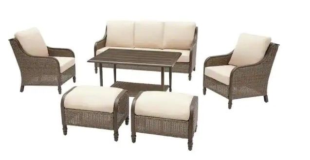 Photo 1 of (SCRATCHED SURFACES)
Hampton Bay Windsor 6-Piece Brown Wicker Outdoor Patio Conversation Seating Set with CushionGuard Biscuit Tan Cushions