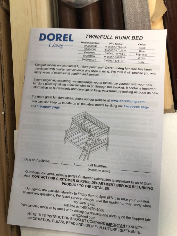 Photo 5 of ***INCOMPLETE ** BOX  1 OF A SET *** Dorel Living Brady Solid Wood Bunk Beds Twin Over Full with Ladder and Guard Rail, Espresso
