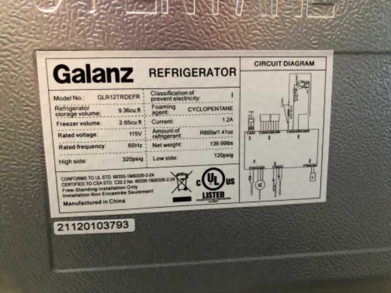 Photo 8 of (DENTED/SCRATCHED) Galanz GLR12TRDEFR Refrigerator, Dual Door Fridge, Adjustable Electrical Thermostat Control with Top Mount Freezer Compartment, Retro Red, 12.0 Cu Ft