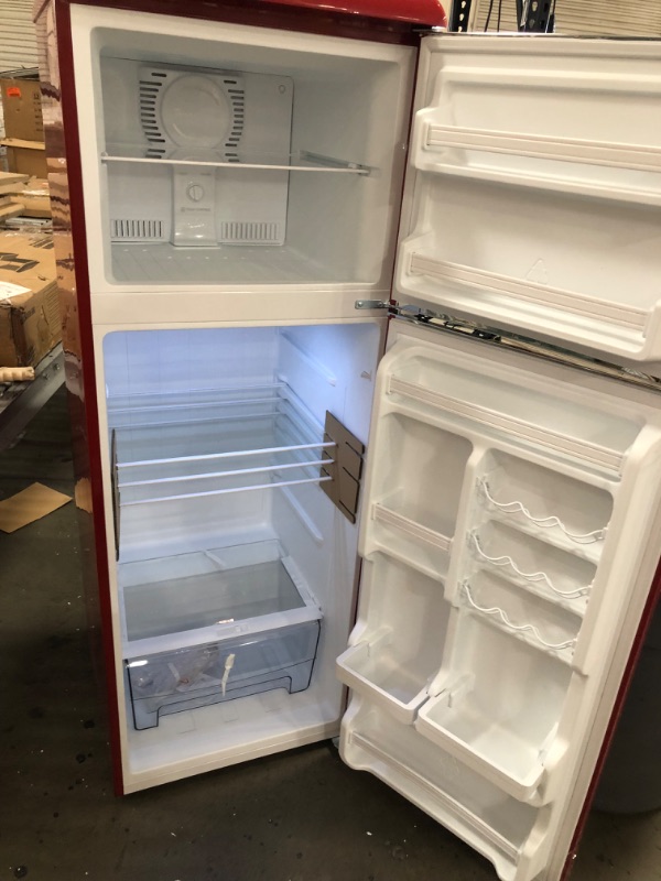 Photo 4 of (DENTED/SCRATCHED) Galanz GLR12TRDEFR Refrigerator, Dual Door Fridge, Adjustable Electrical Thermostat Control with Top Mount Freezer Compartment, Retro Red, 12.0 Cu Ft